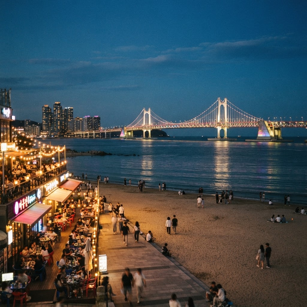 Gwangalli Beach and the Gwangan Bridge at dusk