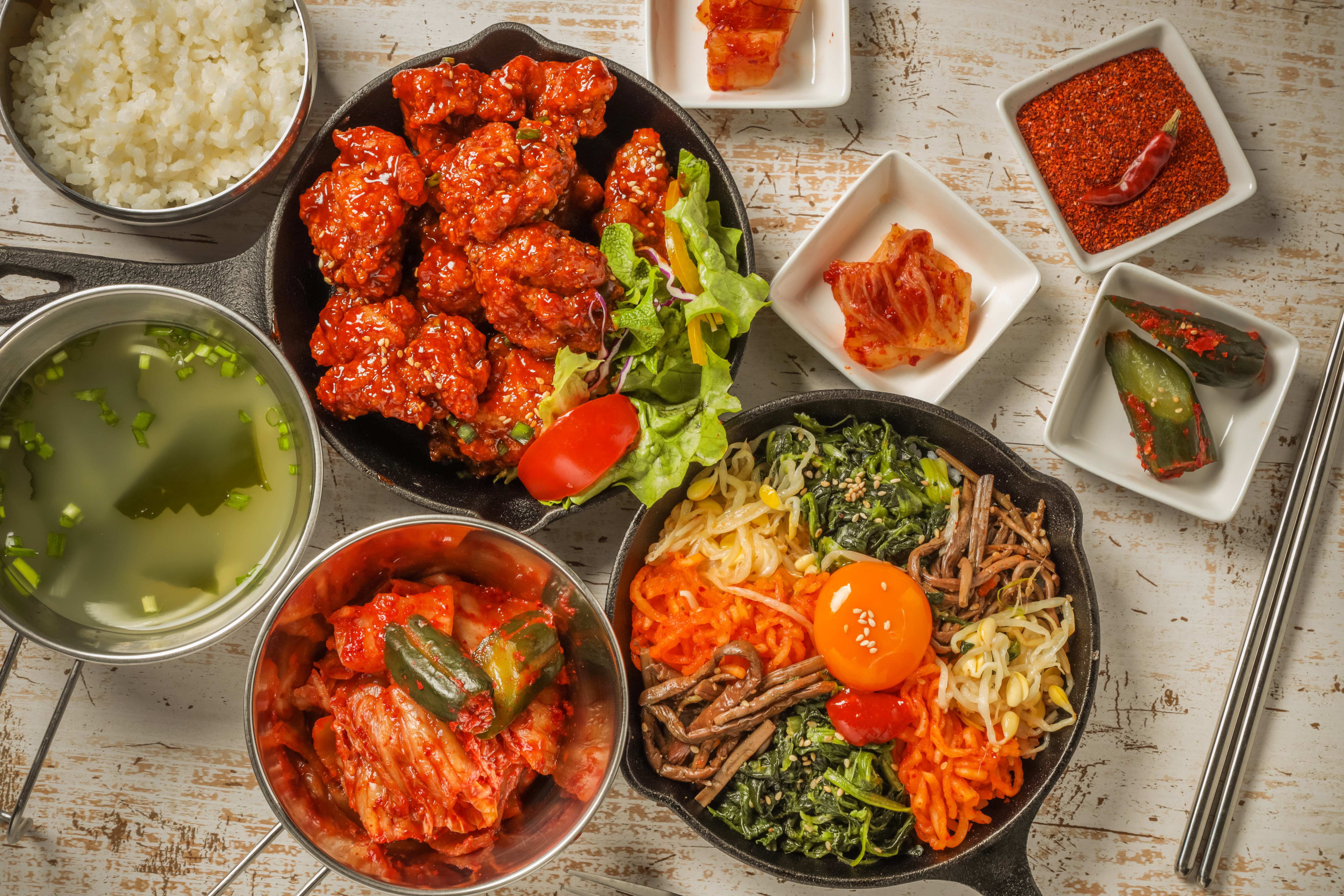 Traditional Korean food spread with assorted banchan