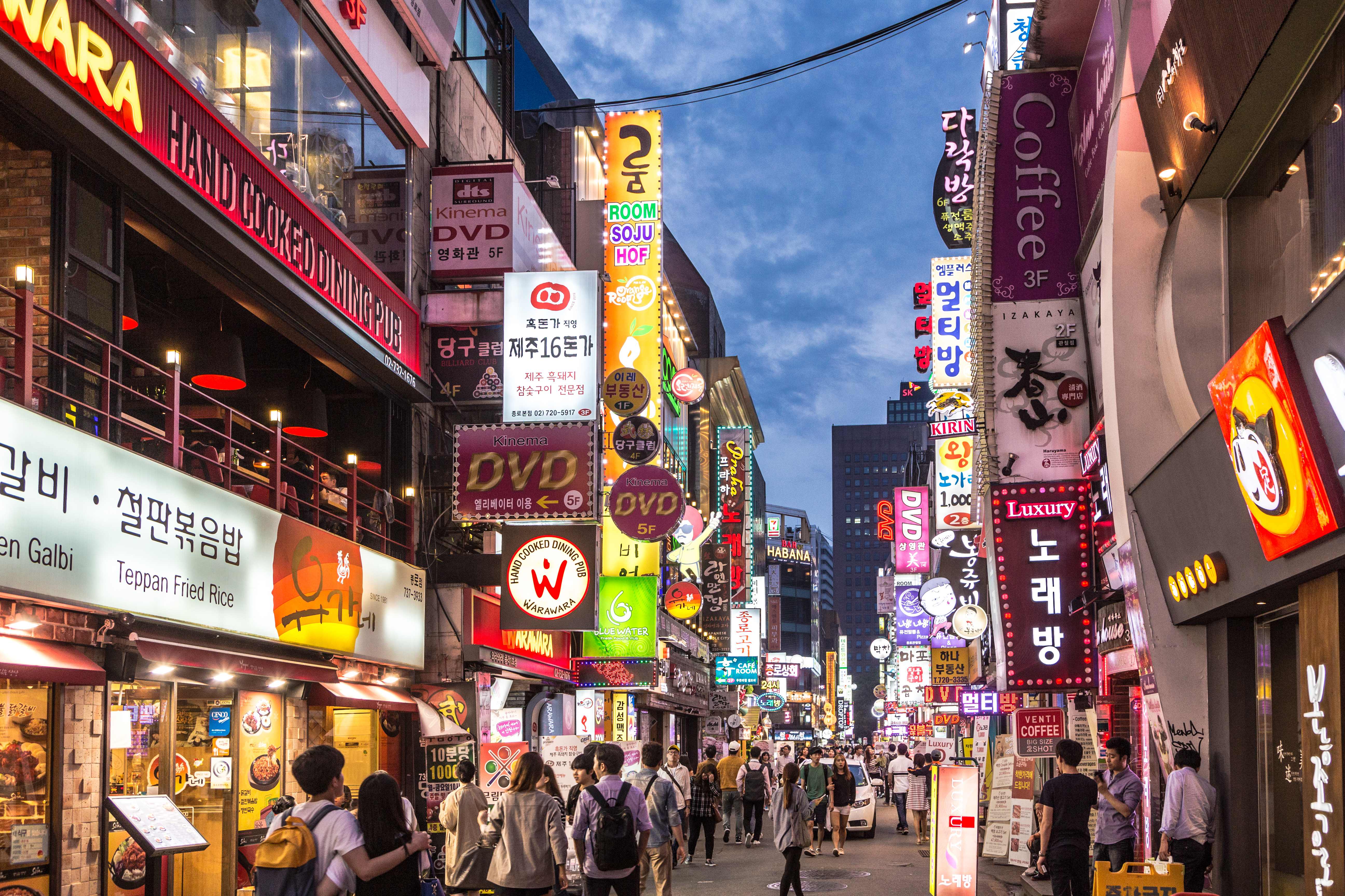 Bustling Myeongdong street market in Seoul