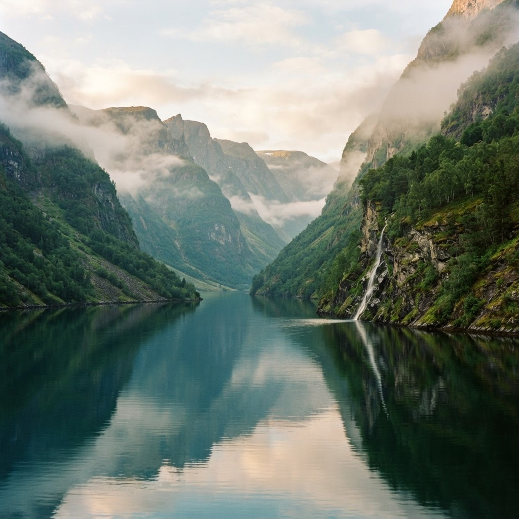 A calm Norwegian fjord at dawn