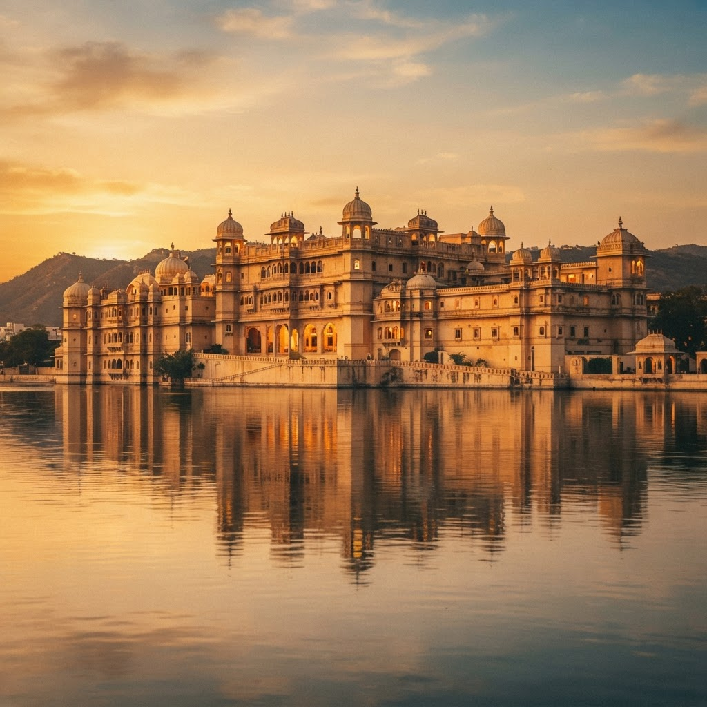 A palace hotel reflected in a lake in Rajasthan
