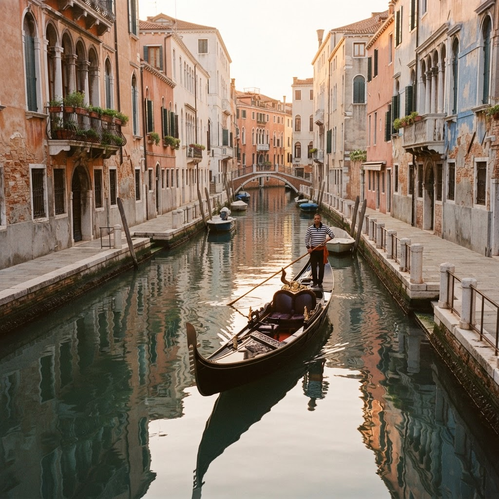 A private gondola on a quiet Venice canal